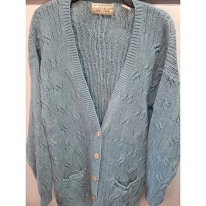 Vtg Woods Gray Cable Knit Cardigan Sweater Light‎ Blue Buttons Pockets Women's M